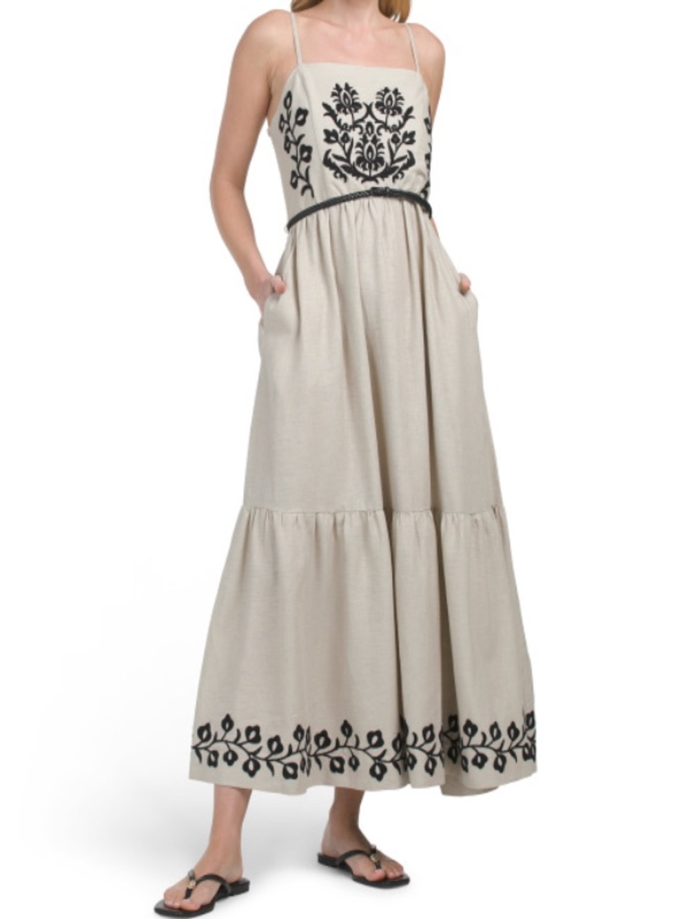 Lucky Brand Embroidered belted tiered linen maxi dress